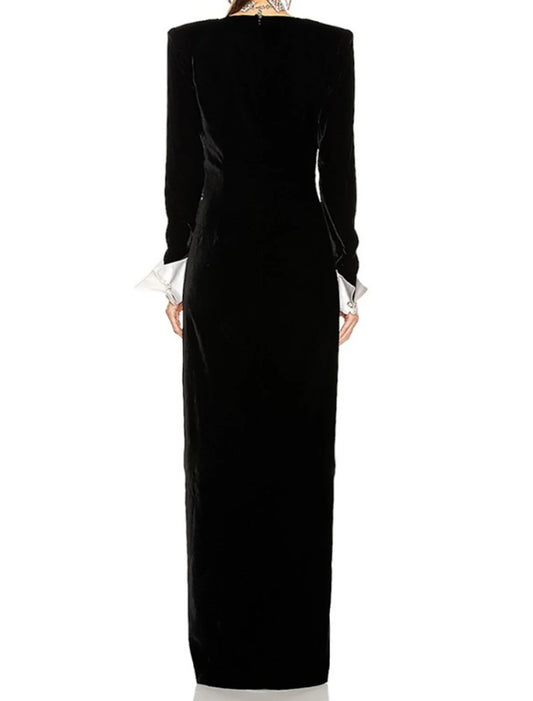 A-Line Evening Gown Elegant Dress Formal Black Dress Floor Length Long Sleeve V Neck Velvet with Buttons Slit 2026