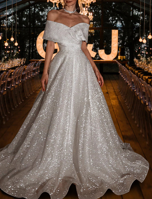 Hall Sparkle & Shine Simple Wedding Dresses A-Line Off Shoulder Cap Sleeve Sweep / Brush Train Sequined Bridal Gowns With Solid Color
