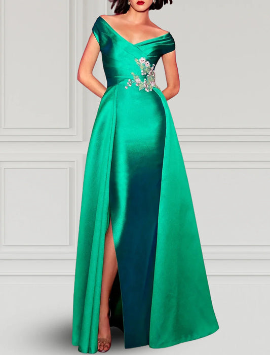 A-Line Evening Gown Christmas Red Green Dress Elegant Dress Formal Fall Floor Length Short Sleeve V Neck Satin with Slit Appliques