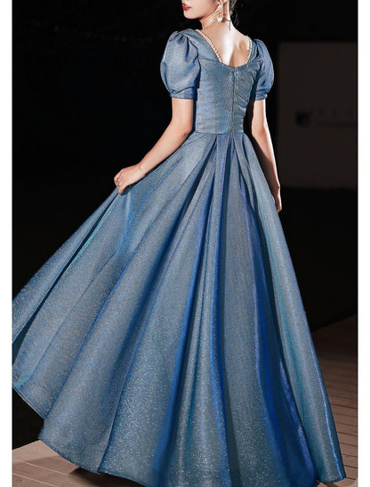 A-Line Beautiful Back Elegant Prom Formal Evening Dress Sweetheart Neckline Short Sleeve Floor Length Satin with Pleats Beading