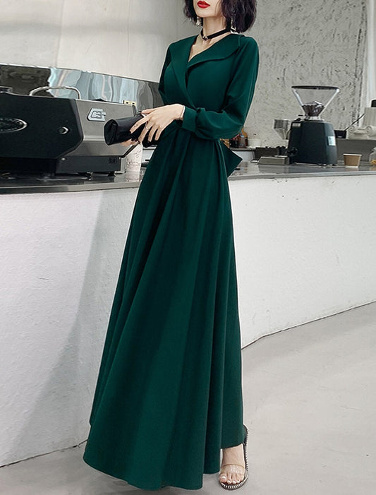 A-Line Evening Gown Minimalist Dress Prom Formal Evening Floor Length Long Sleeve V Neck Fabric with Sash / Ribbon