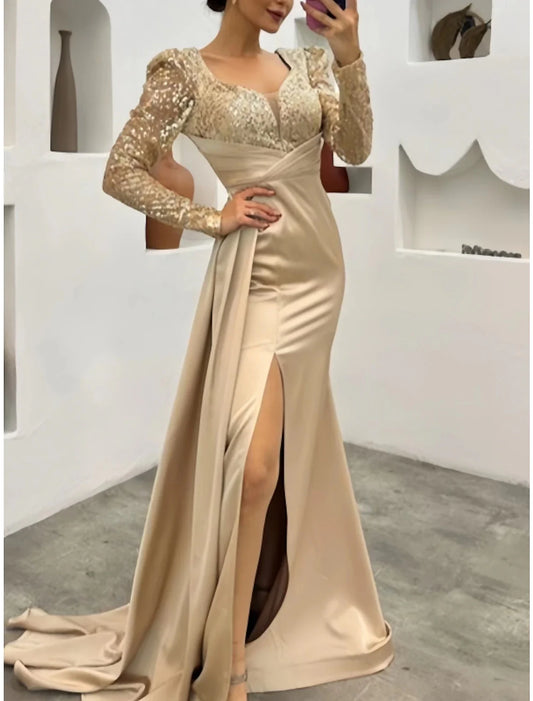 A-Line Evening Gown Elegant Dress Formal Wedding Guest Court Train Long Sleeve Square Neck Satin with Ruched Sequin Slit 2026