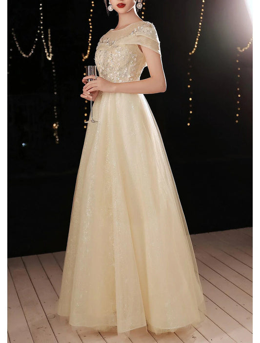 A-Line Beautiful Back Elegant Prom Formal Evening Dress Jewel Neck Short Sleeve Floor Length Lace with Beading Appliques 2025