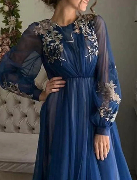 A-Line Evening Gown Floral Dress Wedding Guest Birthday Sweep / Brush Train Long Sleeve Jewel Neck Tulle with Embroidery 2026