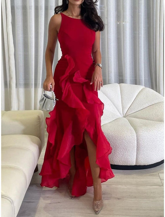A-Line Evening Gown Elegant Dress Formal Ankle Length Christmas Red Green Dress Sleeveless Scoop Neck Chiffon with Ruffles Slit