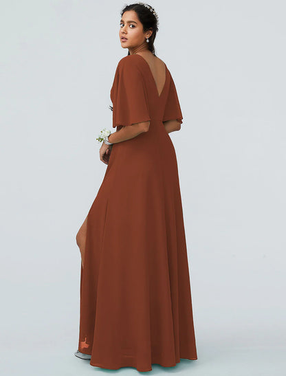 A-Line Bridesmaid Dress V Neck Short Sleeve Elegant Floor Length Chiffon with Split Front