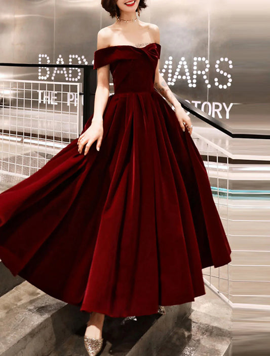 A-Line Evening Gown Elegant Dress Wedding Guest Formal Evening Ankle Length Short Sleeve Off Shoulder Velvet with Sleek 2025