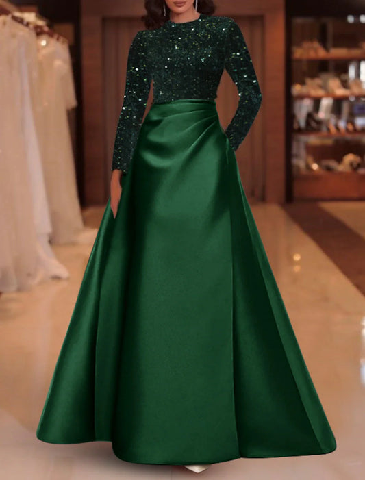 A-Line Evening Gown Elegant Dress Christmas Red Green Dress Wedding Guest Floor Length Long Sleeve Jewel Neck Pocket Satin with Sequin 2026