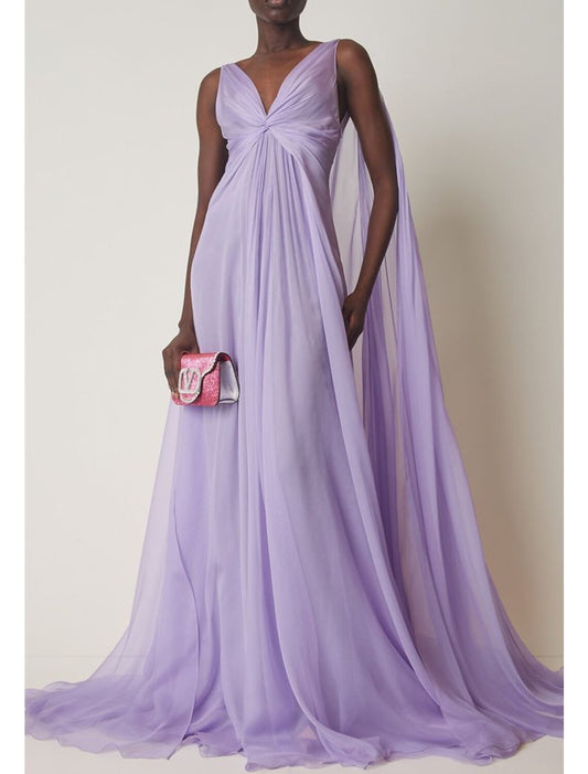 A-Line Evening Gown Elegant Dress Formal Wedding Guest Sweep / Brush Train Sleeveless V Neck Capes Chiffon with Ruched 2026