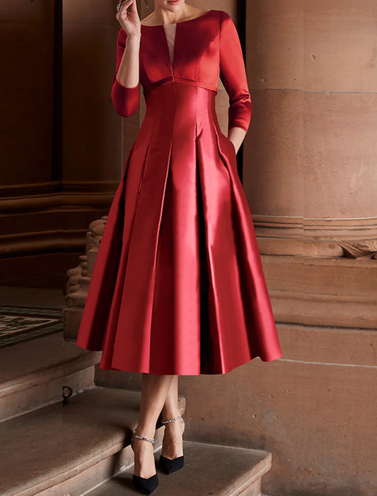 A-Line Cocktail Dresses Minimalist Dress Christmas Red Green Dress Wedding Guest Tea Length 3/4 Length Sleeve Jewel Neck Fall Wedding Guest Satin with Pleats 2026