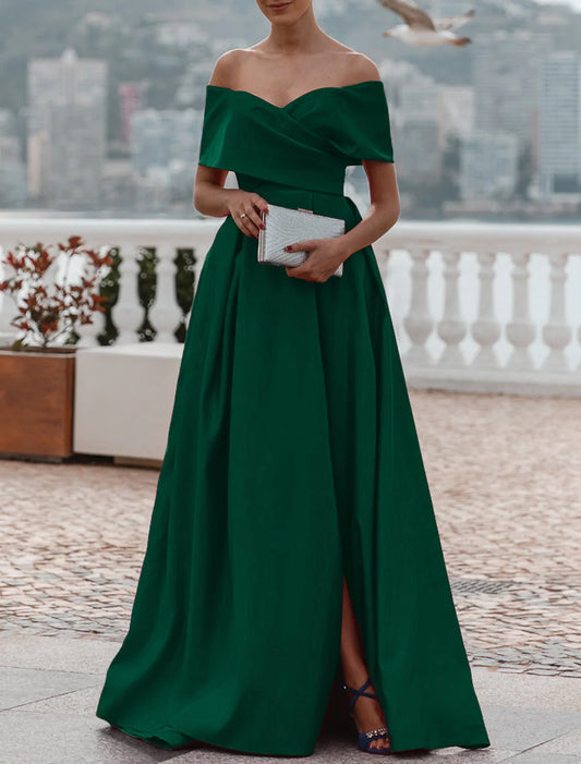 A-Line Evening Gown Christmas Red Green Dress Celebrity Style Dress Formal Wedding Court Train Sleeveless Off Shoulder Bridesmaid Dress Satin with Ruched Slit 2026