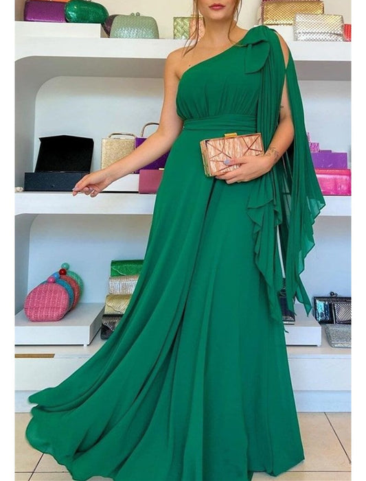 A-Line Evening Gown Party Dress Christmas Red Green Dress Elegant Formal Wedding Guest Sweep / Brush Train Sleeveless One Shoulder Capes Chiffon with Ruffles 2026