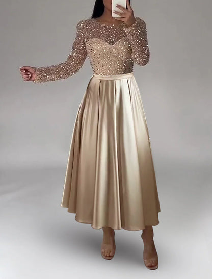 A-Line Evening Gown Sparkle Dress Formal Wedding Ankle Length Long Sleeve Jewel Neck Fall Wedding Guest Satin with Pearls Sequin