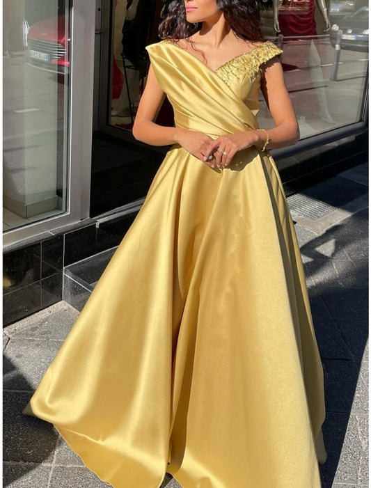 A-Line Evening Gown Elegant Dress Formal Christmas Sweep / Brush Train Sleeveless V Neck Satin with Pleats Ruched Sequin