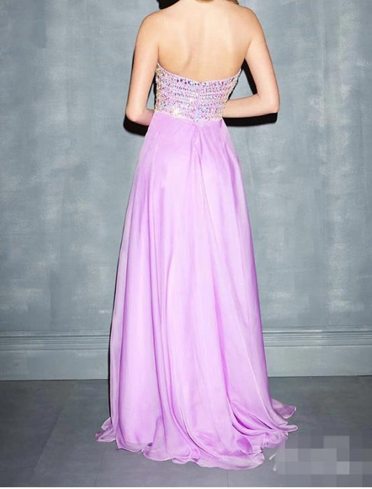 A-Line Evening Gown Glittering Dress Wedding Guest Wedding Party Sweep / Brush Train Sleeveless Sweetheart Chiffon with Rhinestone Beading Pure Color