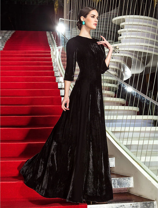 A-Line Black Dress Vintage Wedding Guest Formal Evening Floor Length 3/4 Length Sleeve Jewel Neck with Pleats
