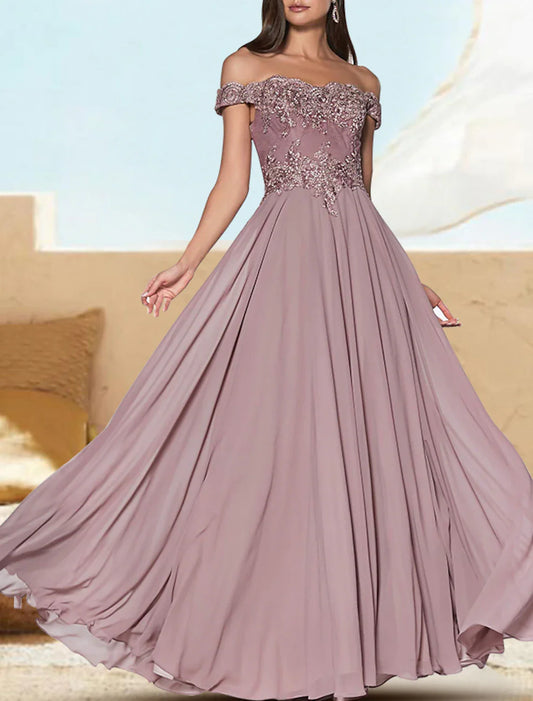 A-Line Evening Gown Luxurious Dress Formal Wedding Guest Floor Length Short Sleeve Off Shoulder Chiffon with Appliques Pure Color 2026
