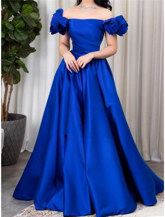 A-Line Evening Gown Elegant Dress Formal Sweep / Brush Train Short Sleeve Off Shoulder Satin with Pleats Ruched