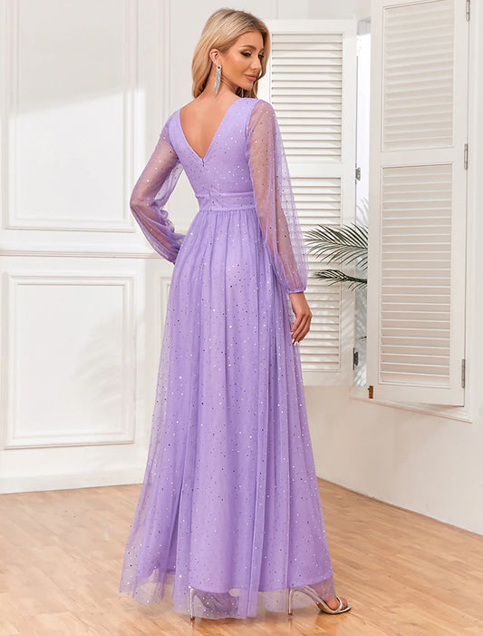 A-Line Evening Gown Empire Dress Wedding Evening Party Floor Length Sleeveless V Neck Tulle V Back with Glitter