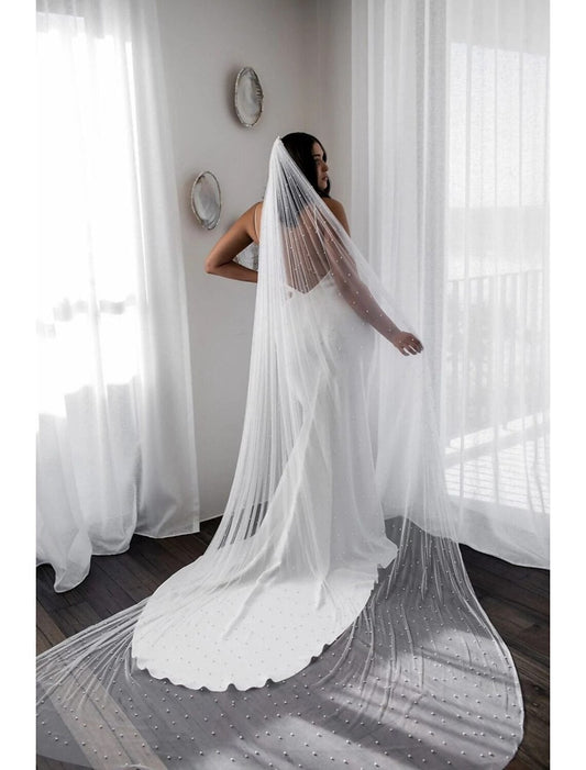 - Single layer retro style/pearl wedding dress with cathedral veil and fake pearl 110.24 inch (280 cm) sheer dress leaving a deep impression on 2026