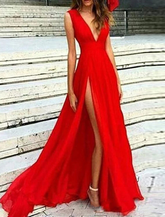 A-Line Evening Gown Elegant Dress Party Wear Wedding Guest Floor Length Sleeveless V Neck Chiffon with Slit