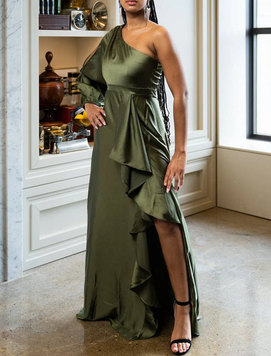 A-Line Evening Gown Elegant Dress Formal Christmas Sweep / Brush Train Long Sleeve One Shoulder Satin with Ruched Ruffles