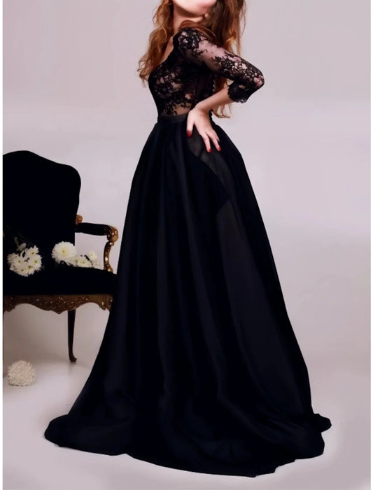 A-Line Evening Gown Party Dress Birthday Fall Floor Length 3/4 Length Sleeve V Neck Satin with Pleats 2026
