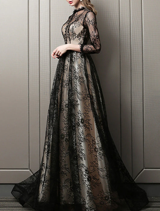 A-Line Evening Gown Cut Out Dress Wedding Guest Formal Evening Sweep / Brush Train 3/4 Length Sleeve Jewel Neck Lace with Pattern / Print 2026