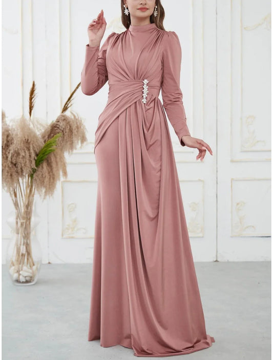 A-Line Evening Gown Elegant Black Dress Plus Size Dress Formal Sweep / Brush Train Long Sleeve High Neck Satin with Pleats Sequin
