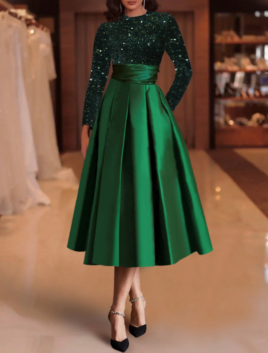 A-Line Cocktail Dresses Elegant Dress Christmas Red Green Dress Wedding Guest Tea Length Long Sleeve Jewel Neck Satin with Pleats Sequin 2026
